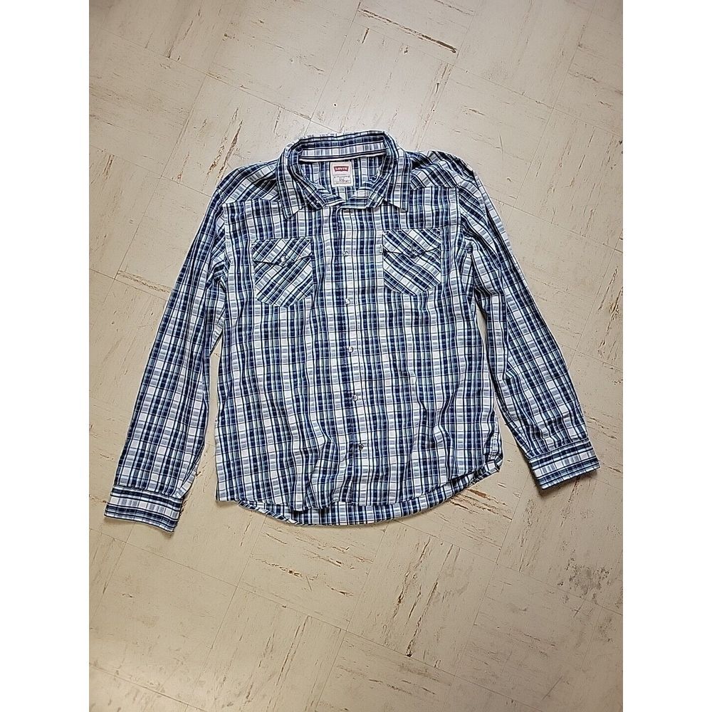 Levis Pearl Snap Western Men's Shirt  XXL 2XL Blue Plaid‎ Long Sleeve White Tab